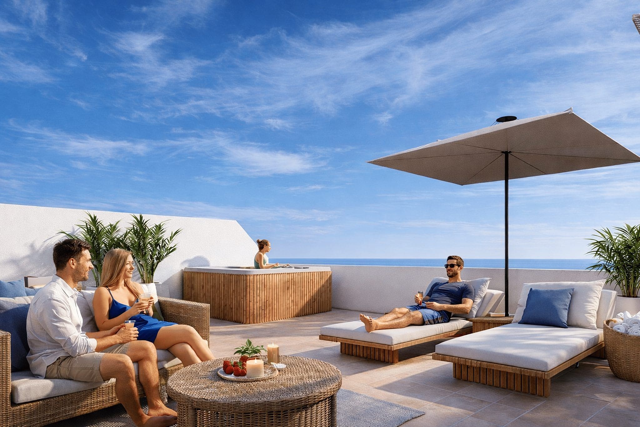 Zonnige terrasfoto met loungezetels, parasol en uitzicht op de golfbaan en de zee.