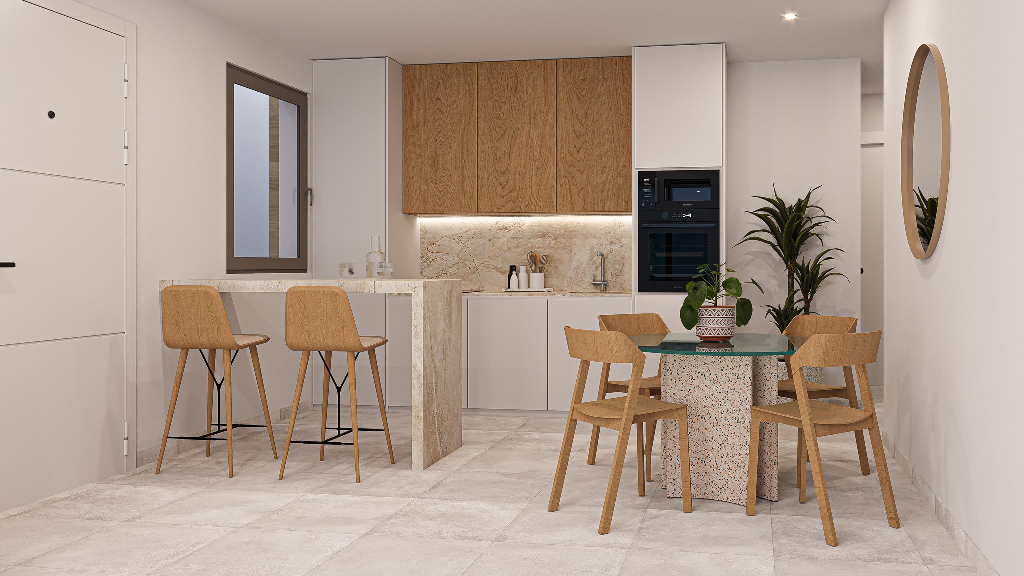 Moderne keuken met witte kasten en houten accenten in een villa in Torre Pacheco.