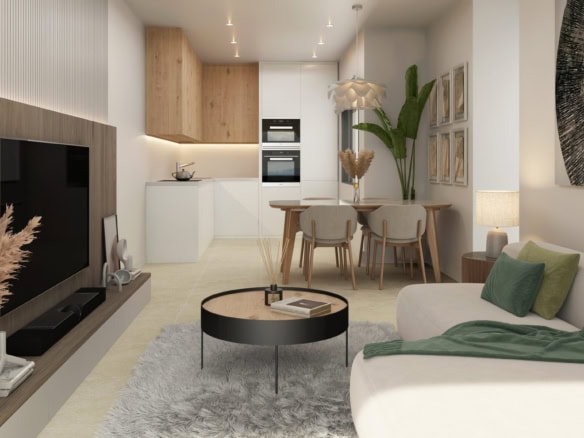 Moderne woonkamer met open keuken en zithoek in Avileses. Ruimtelijk en licht, perfect voor comforta.