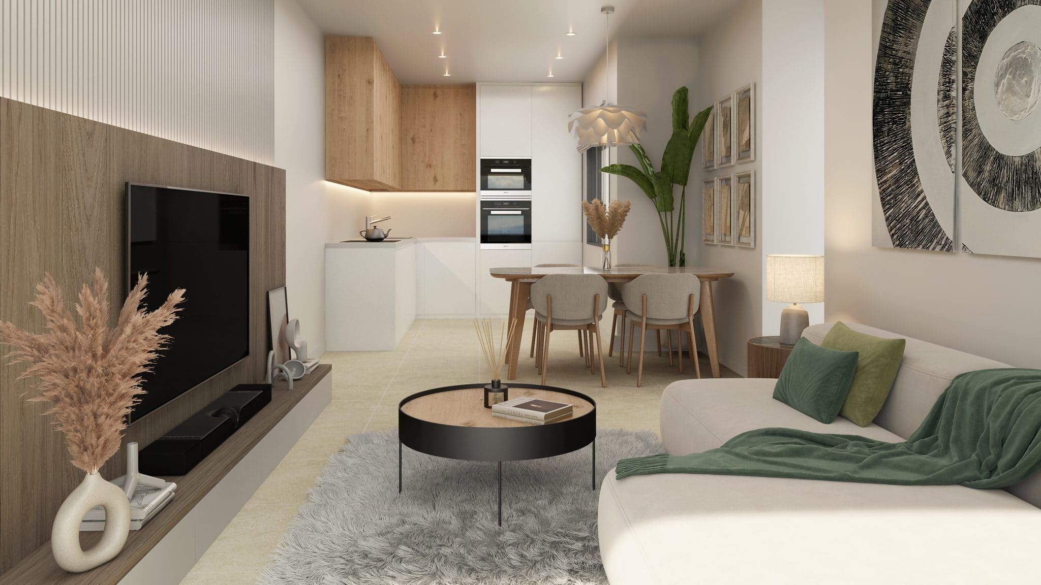 Moderne woonkamer met open keuken en zithoek in Avileses. Ruimtelijk en licht, perfect voor comforta.