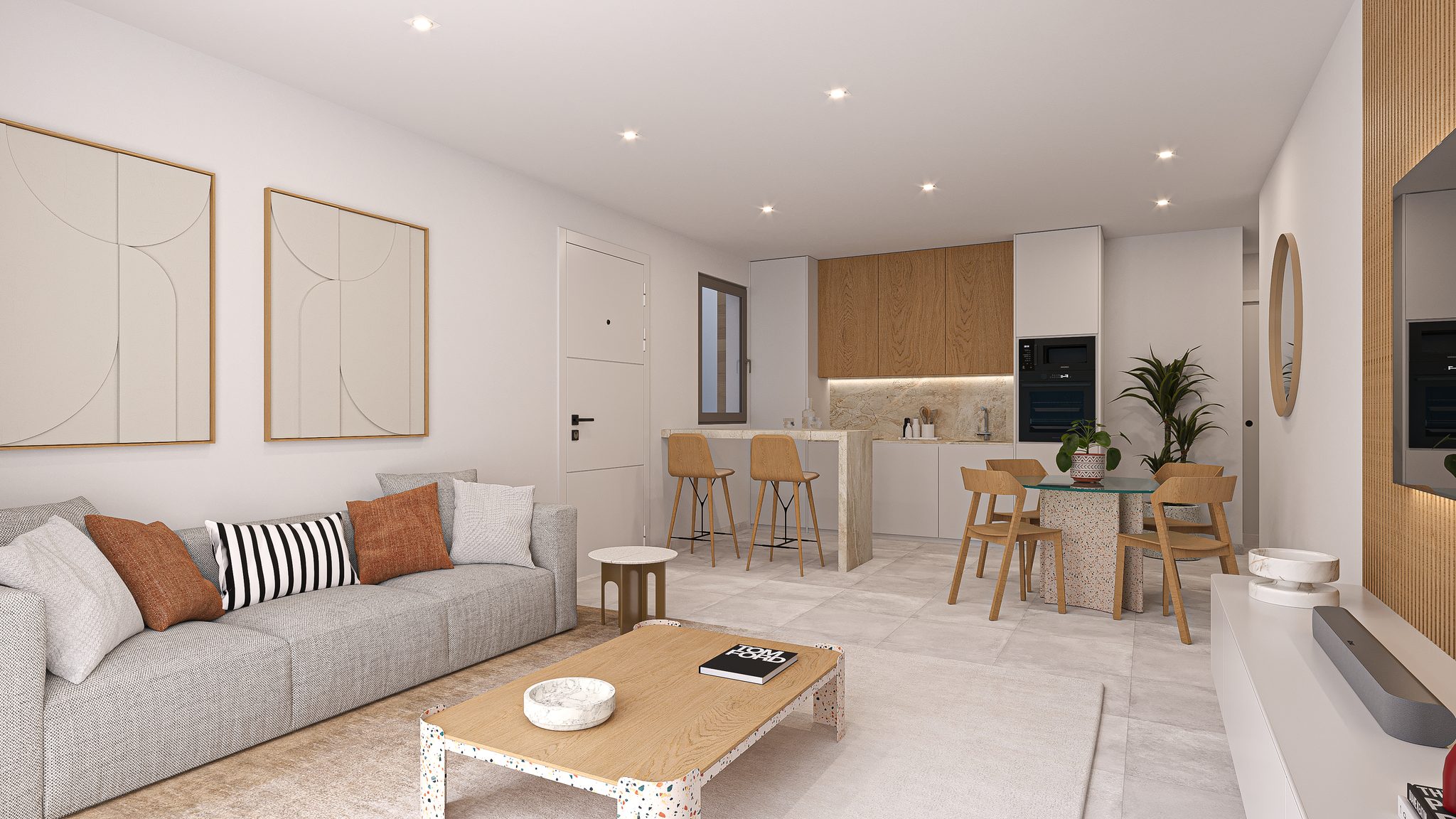 Ruime woonkamer met moderne inrichting en lichte kleuren.