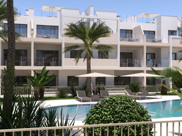 Appartementen in San Cayetano met zwembad en tuin, gelegen in een modern complex met ruime terrassen.