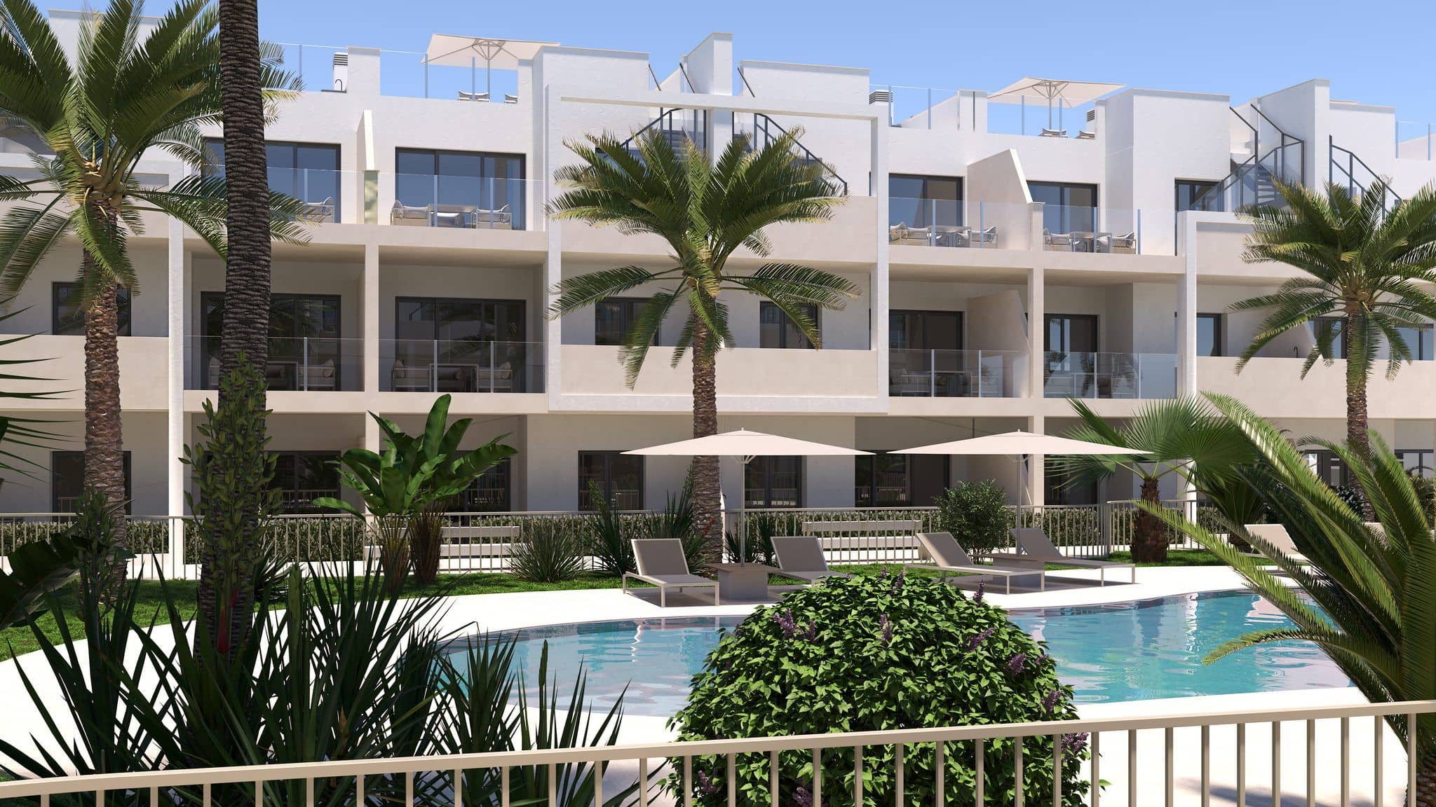 Appartementen in San Cayetano met zwembad en tuin, gelegen in een modern complex met ruime terrassen.