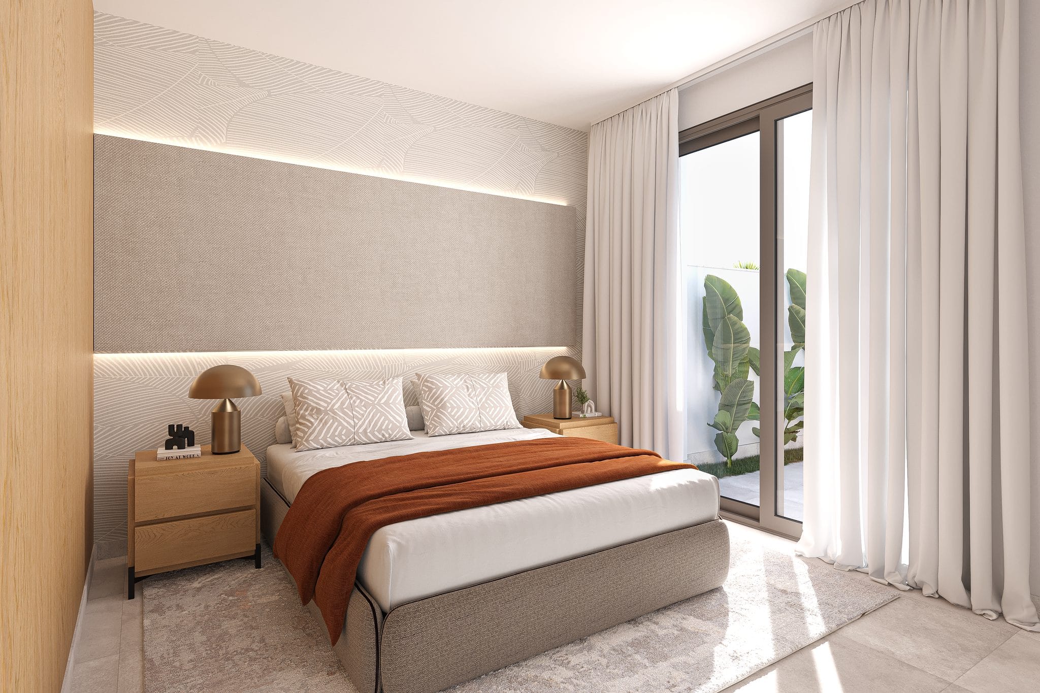Luxe slaapkamer in moderne villa met uitzicht op tuin in Torre Pacheco.