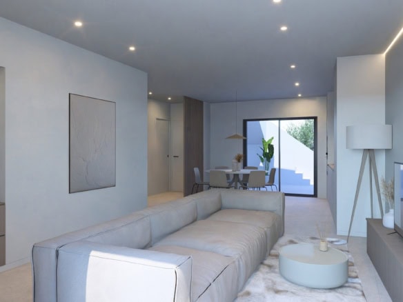 Moderne woonkamer met grote bank en tv in nieuwbouwvilla in Roldán.