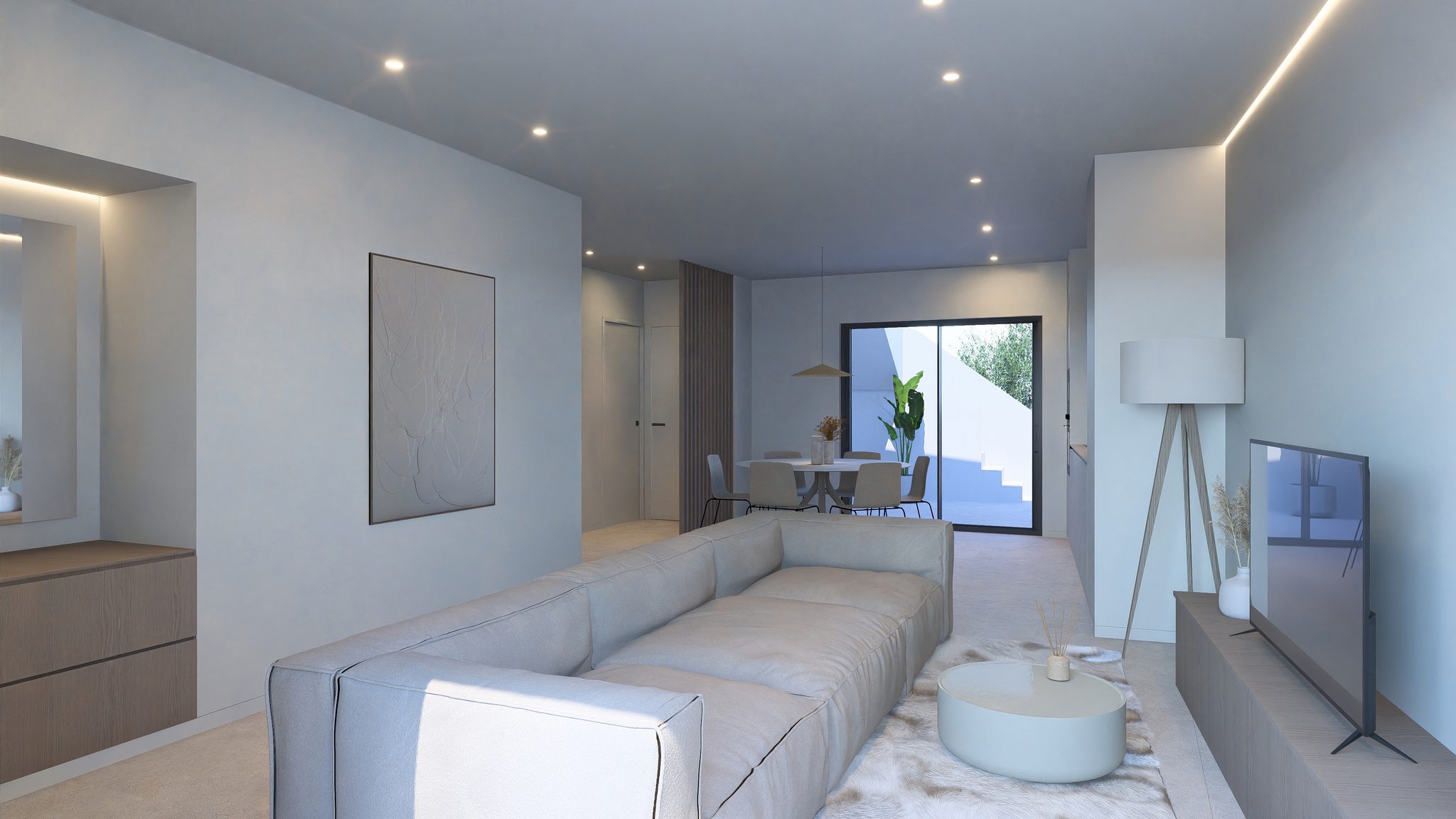 Moderne woonkamer met grote bank en tv in nieuwbouwvilla in Roldán.