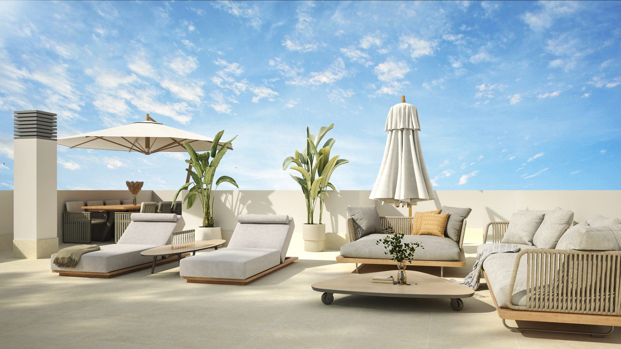 Luxe dakterras met ligbedden, parasol en lounge meubelen onder een blauwe hemel.