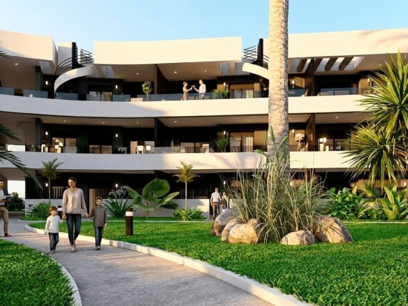 Appartementen op Serena Golf, Los Alcázares met ruime terrassen en groene tuinen.