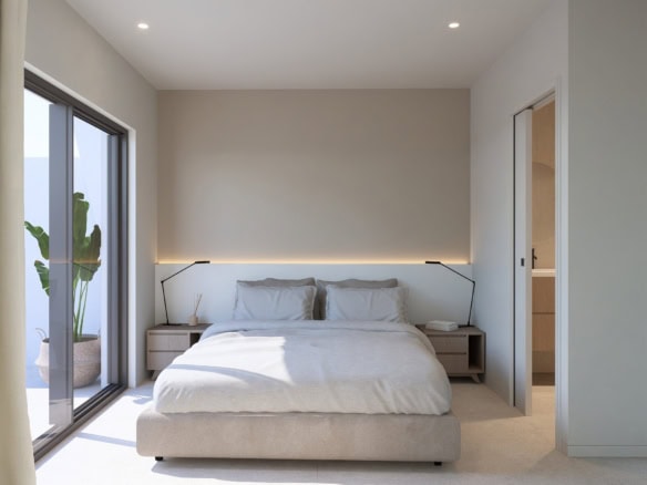 Moderne slaapkamer met grote ramen en strakke inrichting, perfect voor een nieuwbouwvilla in Roldán.