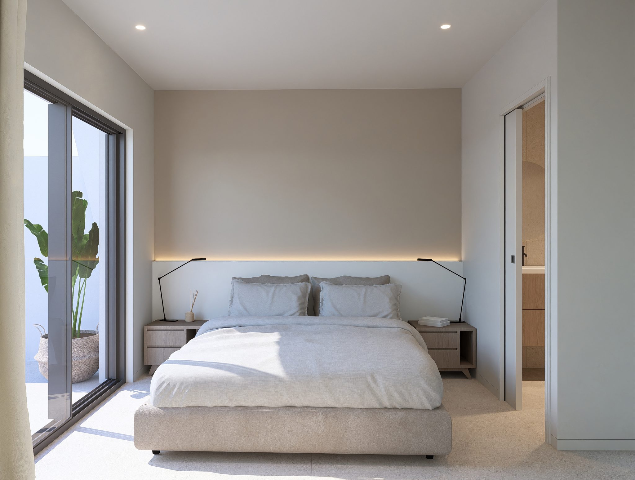 Moderne slaapkamer met grote ramen en strakke inrichting, perfect voor een nieuwbouwvilla in Roldán.