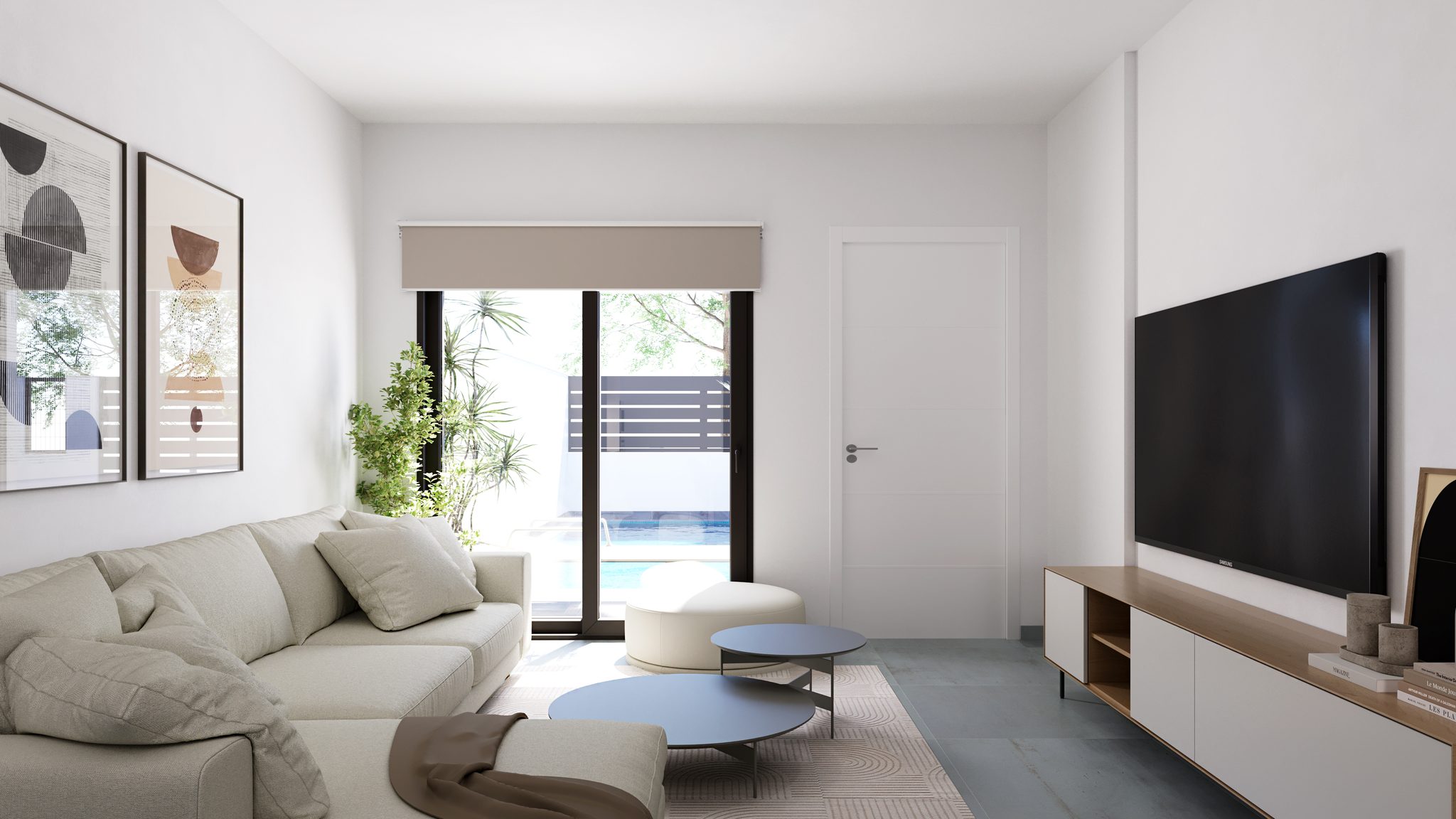 Moderne woonkamer in villa in Roldán met tuin en zwembad.