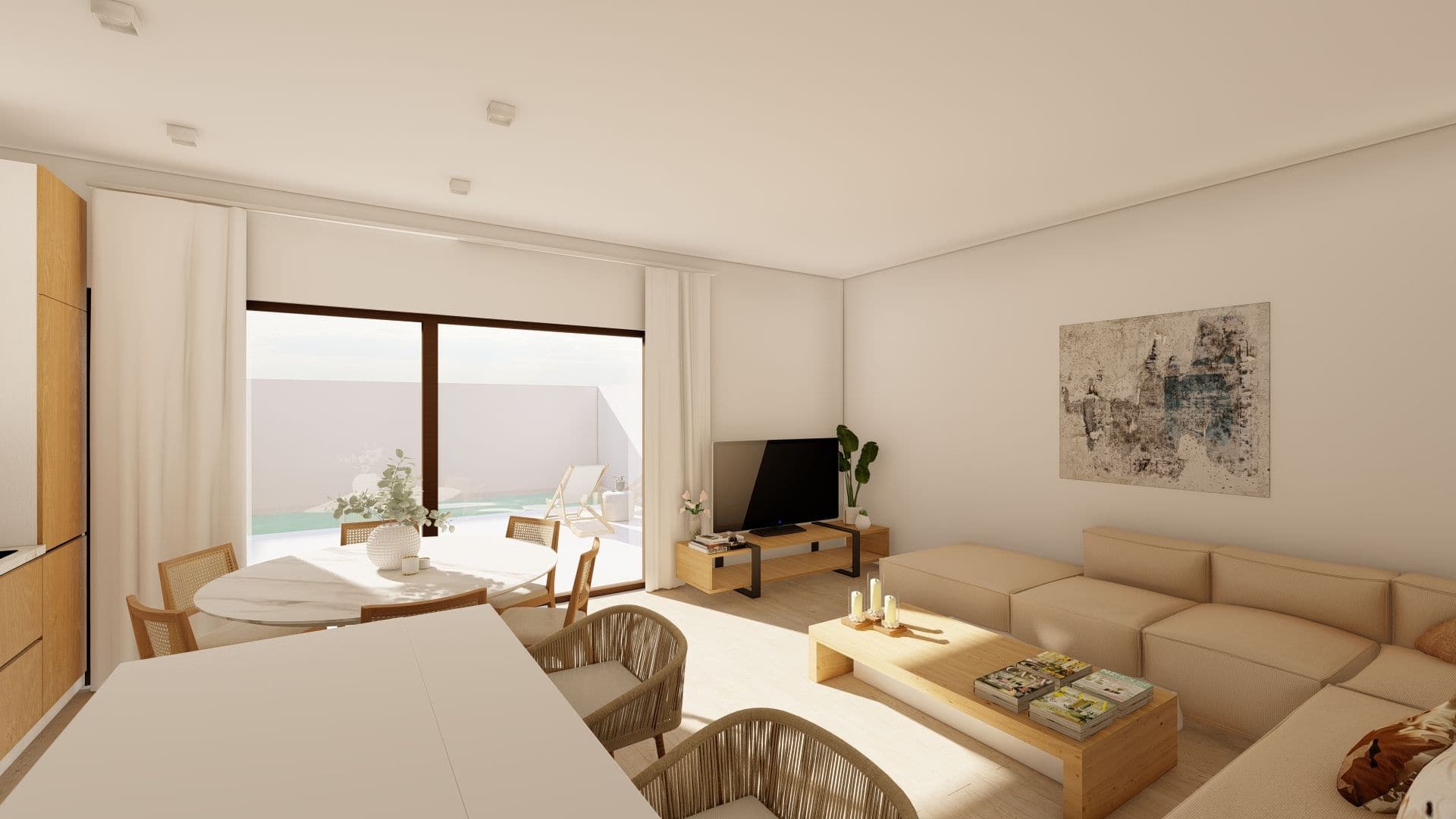 Moderne woonkamer met grote ramen en lichte inrichting in San Javier.