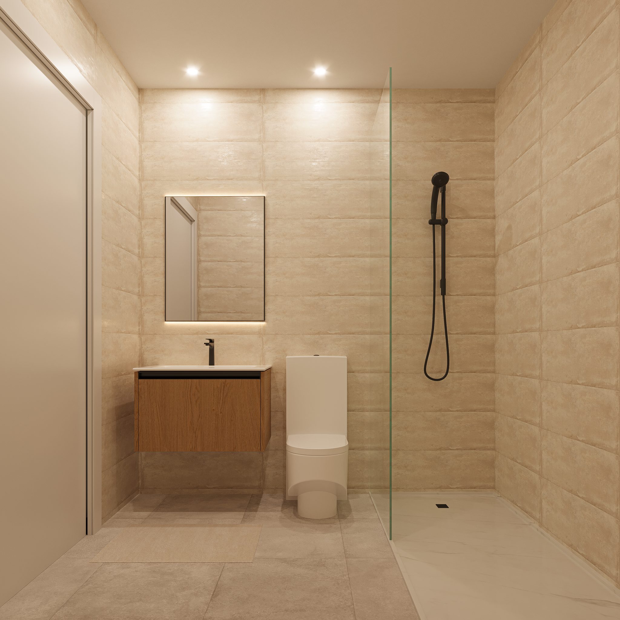 Moderne badkamer met inloopdouche, wastafel en toilet in Torre Pacheco villa.