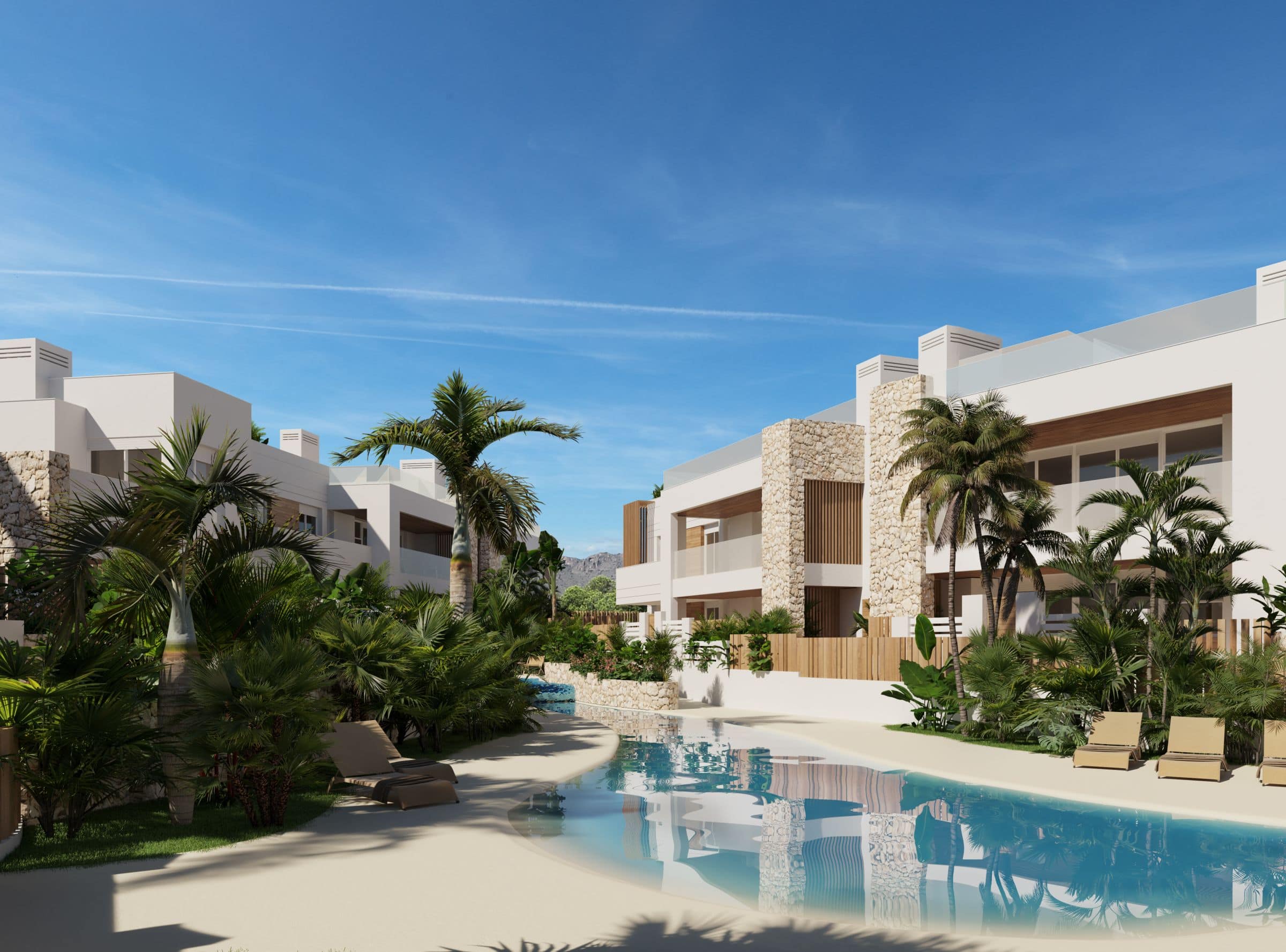 Luxe strandcomplex in San Juan de los Terreros met zwembaden en tropische tuinen.