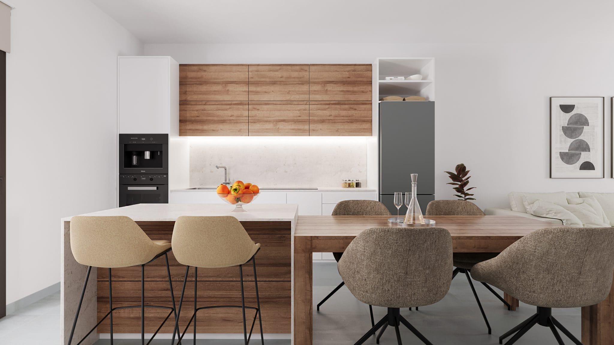 Moderne keuken en eetruimte in villa Roldán Murcia, met strakke witte kasten en houten accenten.