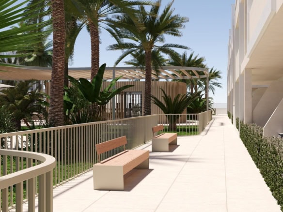 Appartement in San Cayetano met tuin, palmbomen en zitbanken.