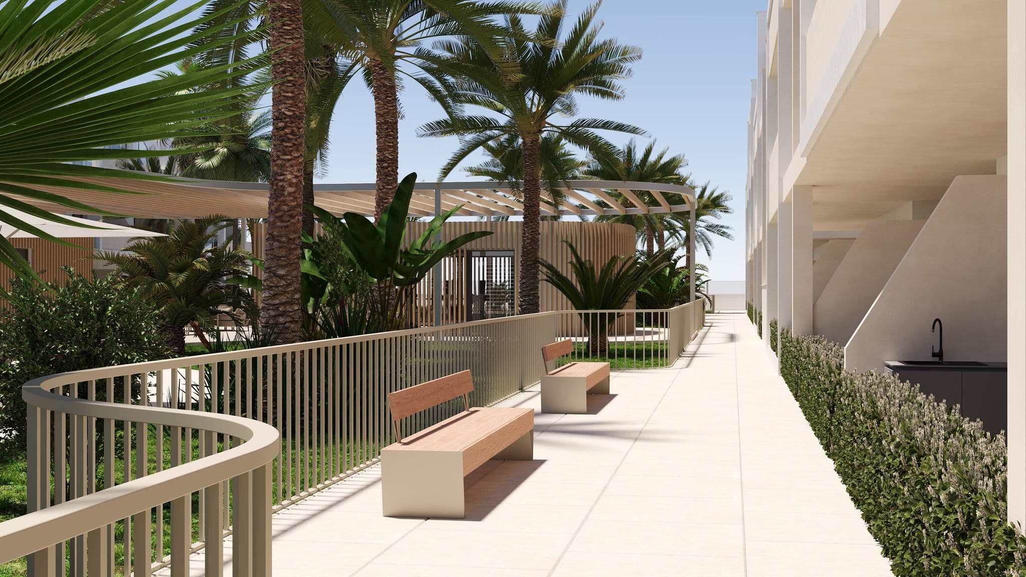 Appartement in San Cayetano met tuin, palmbomen en zitbanken.