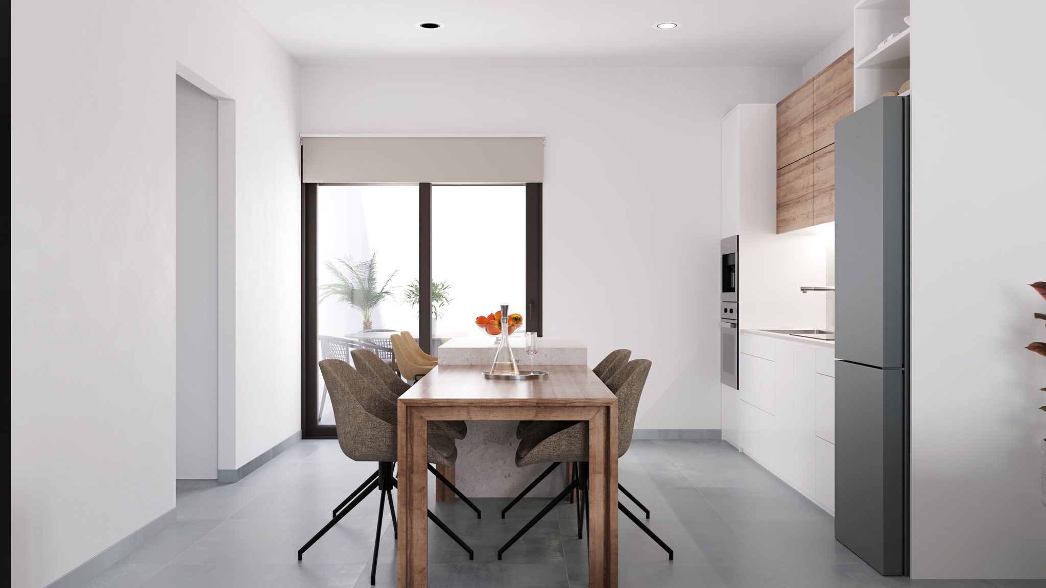 Moderne keuken met wit en houtafwerking in Roldán, Murcia, perfect voor comfortabel wonen.