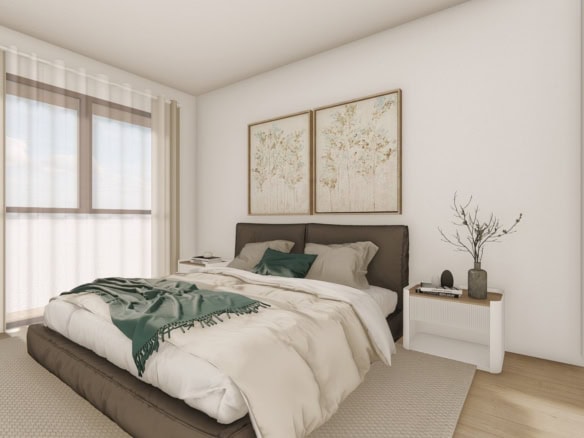 Slaapkamer met groot raam en moderne inrichting in San Javier.