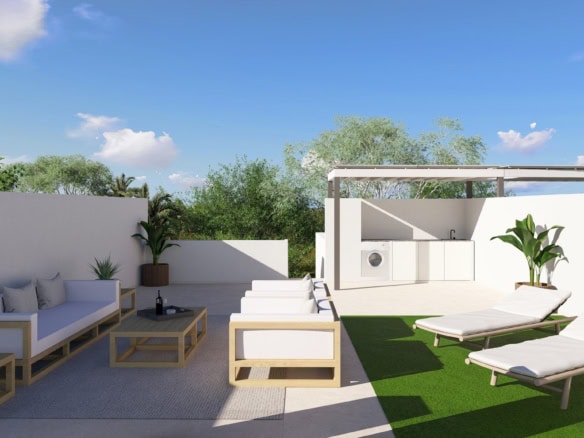Moderne nieuwbouwvilla in Roldán met ruim terras, comfortabele lounge en ligbedden, perfect voor ont.