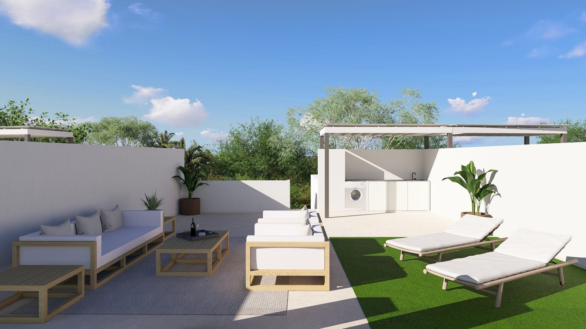 Moderne nieuwbouwvilla in Roldán met ruim terras, comfortabele lounge en ligbedden, perfect voor ont.