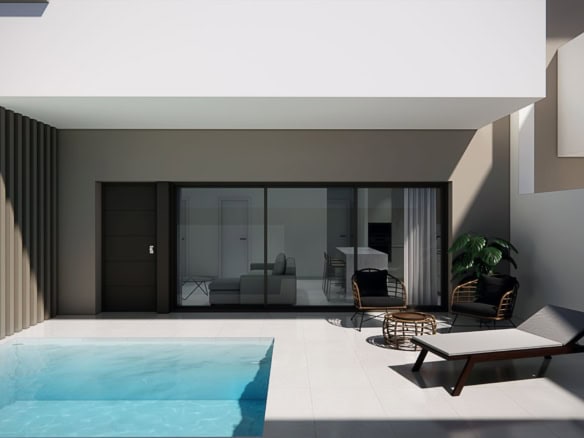 Moderne bungalow met privézwembad en terras in Pilar de la Horadada. Perfect voor ontspanning en gen.