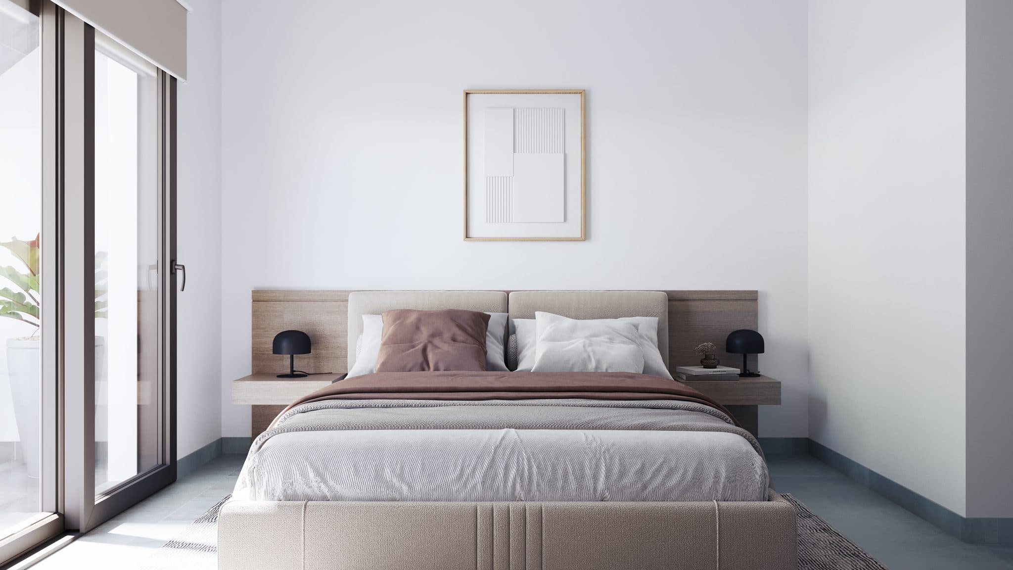 Moderne slaapkamer in villa Roldán met grote ramen en minimalistisch design.