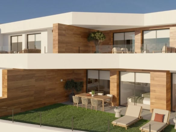 Moderne villa met grote ramen en terras, uitzicht op de omgeving in Cumbre del Sol.