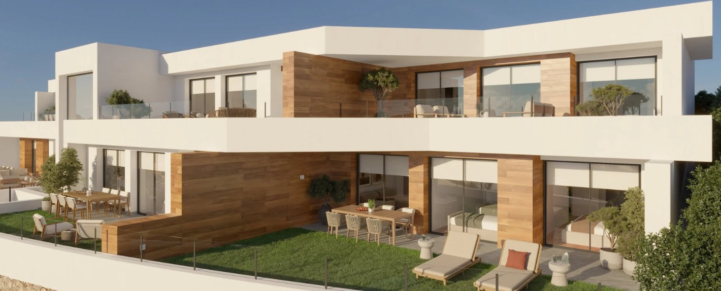 Moderne villa met grote ramen en terras, uitzicht op de omgeving in Cumbre del Sol.
