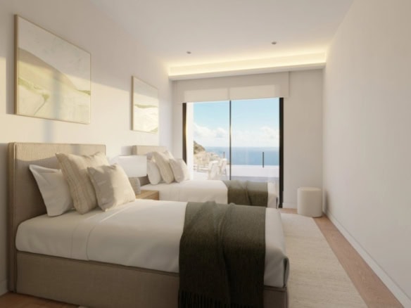 Zeezicht en moderne slaapkamer in Cumbre del Sol, Spanje.