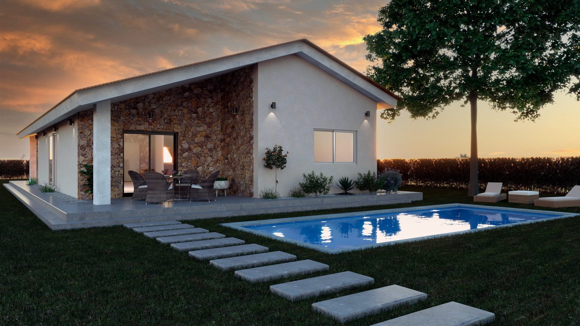 Modern slaapkamer met twee eenpersoonsbedden en grote ramen Nieuwe villa met zwembad en tuin in Moratalla, Murcia.