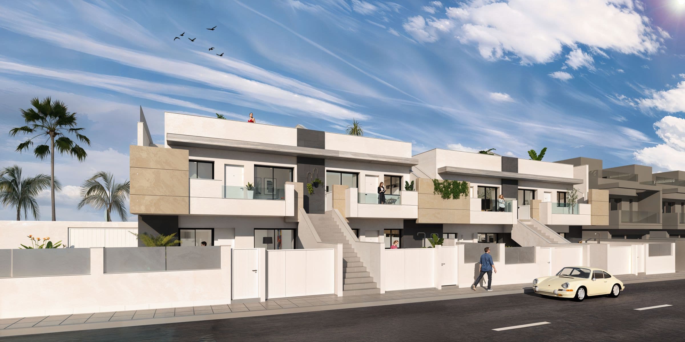 Modern slaapkamer met balkon in San Pedro del Pinatar Appartementen met uitzicht op de straat en tuin, inclusief terrassen en moderne architectuur.