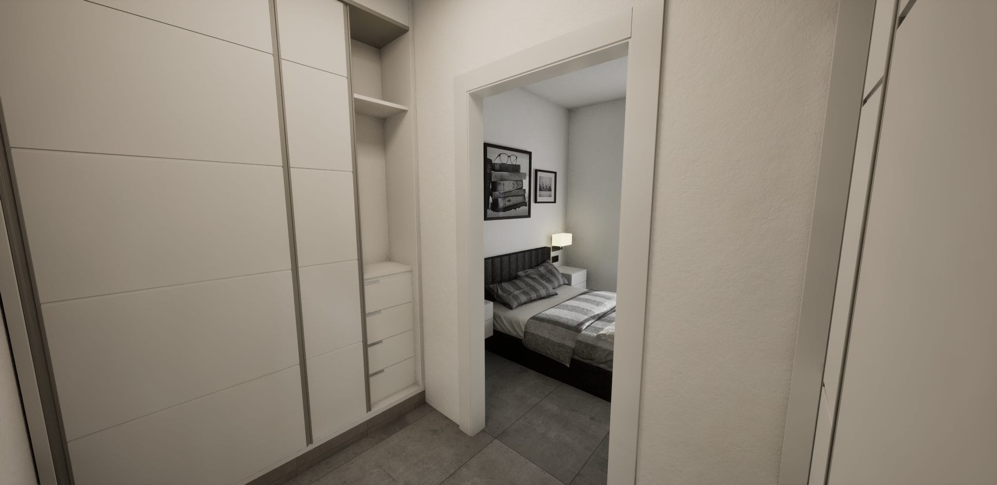 Ruime slaapkamer met inloopkast en moderne inrichting.