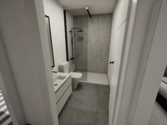 Ruime badkamer met inloopdouche, wastafel en toilet in moderne villa.