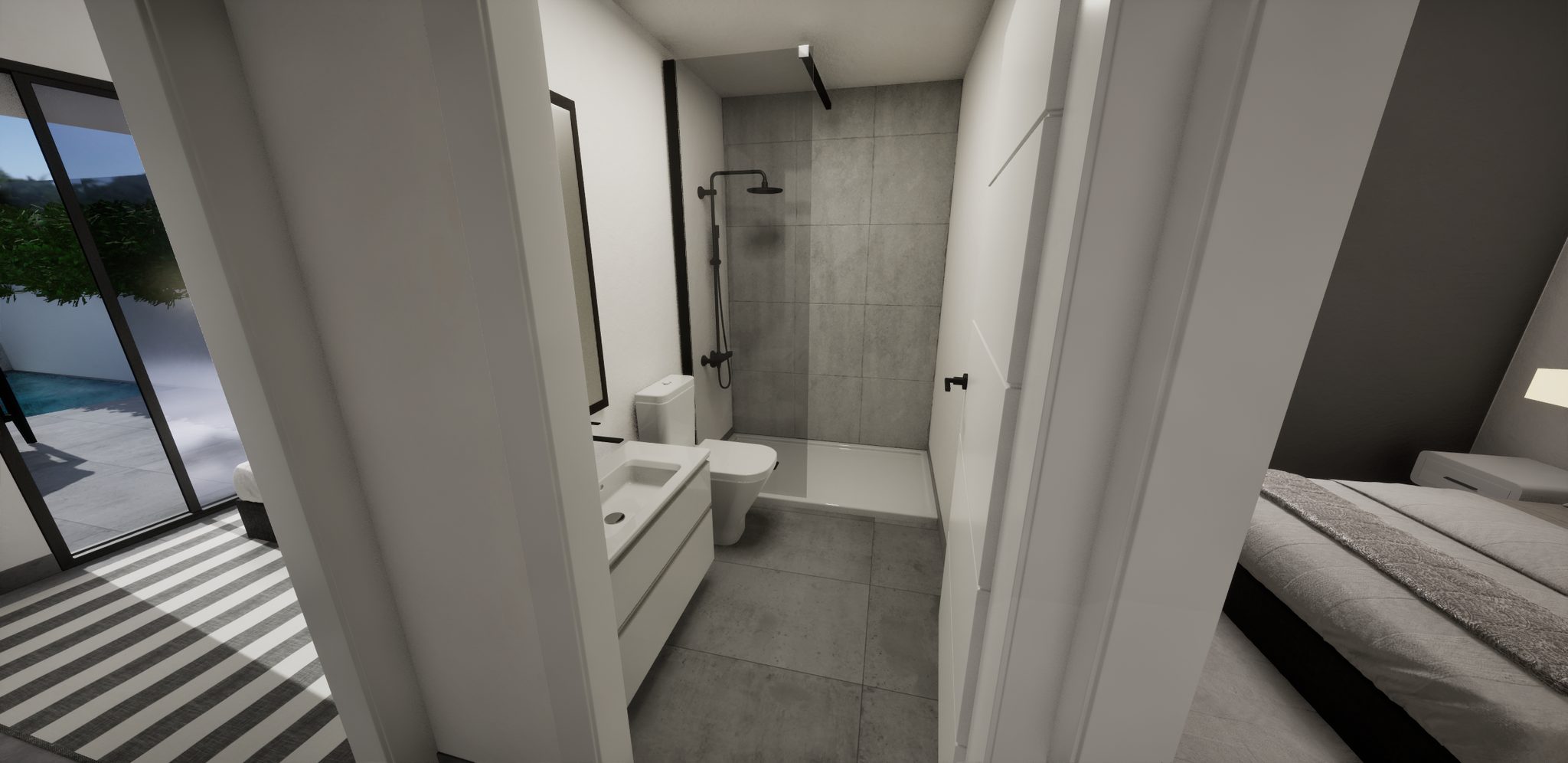 Ruime badkamer met inloopdouche, wastafel en toilet in moderne villa.
