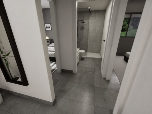 Moderne villa met privézwembad en lichte badkamer.