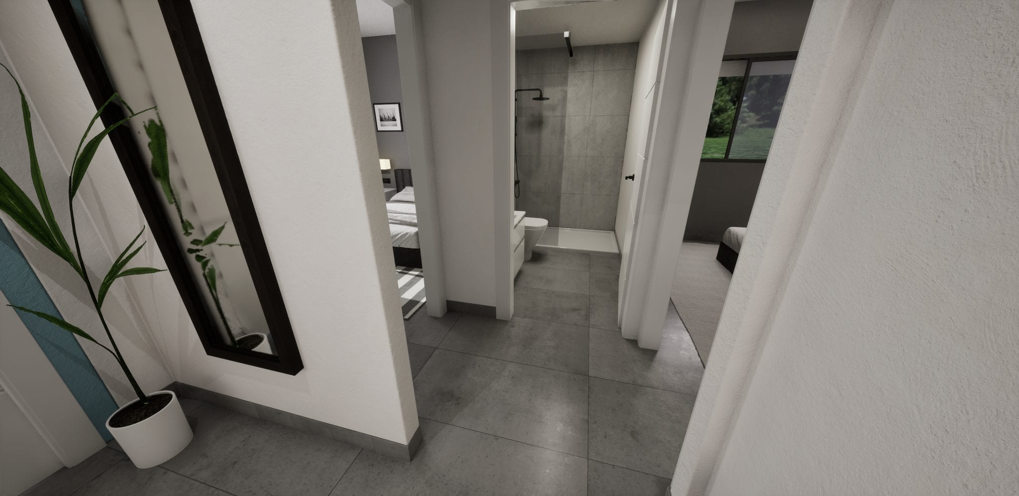 Moderne villa met privézwembad en lichte badkamer.