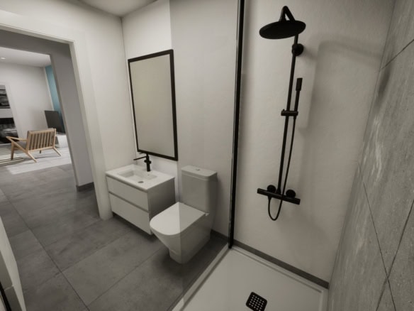 Moderne badkamer met inloopdouche, toilet en wastafel in een luxe woning.