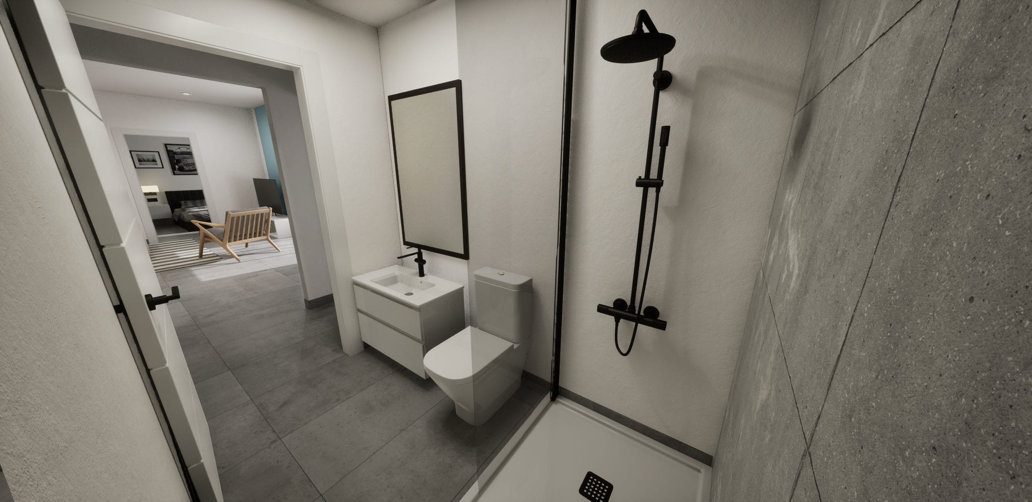 Moderne badkamer met inloopdouche, toilet en wastafel in een luxe woning.