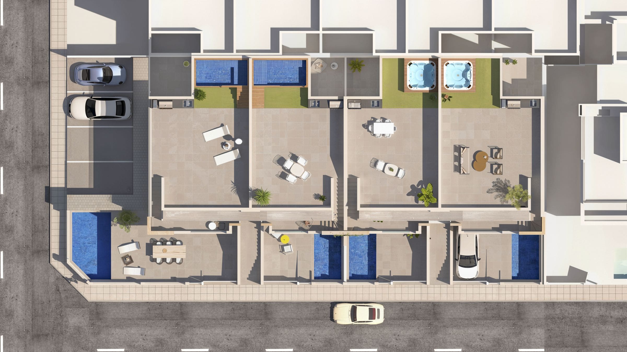 Luxe bungalowappartementen in San Pedro del Pinatar Modern bungalowappartementen met privézwembad en tuin in San Pedro del Pinatar.