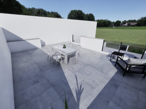 Moderne villa met privéterras en uitzicht op tuin en omgeving.