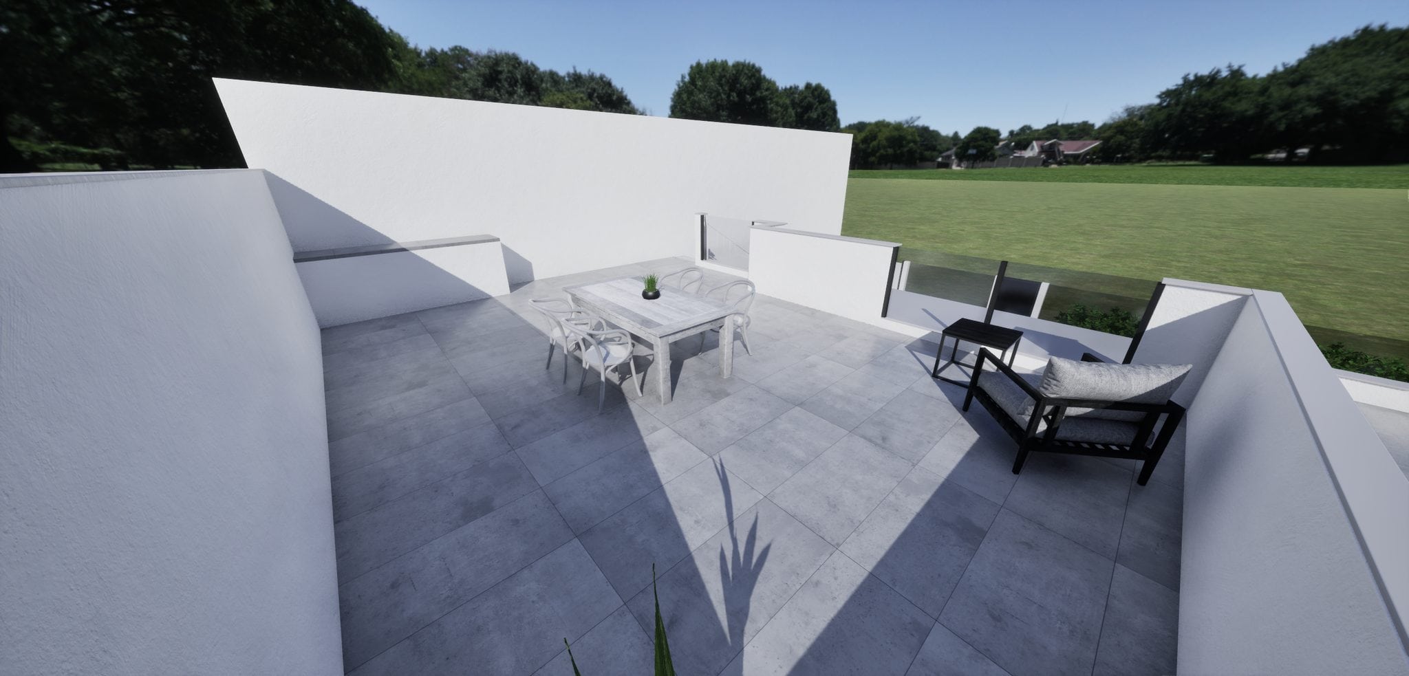 Moderne villa met privéterras en uitzicht op tuin en omgeving.