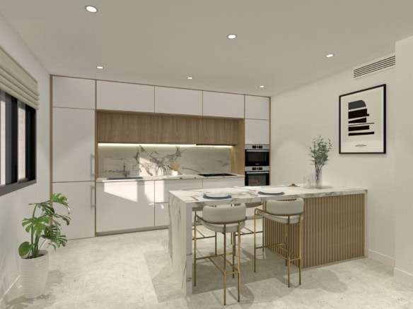 Moderne bungalow in San Pedro del Pinatar met open keuken en zitgedeelte.
