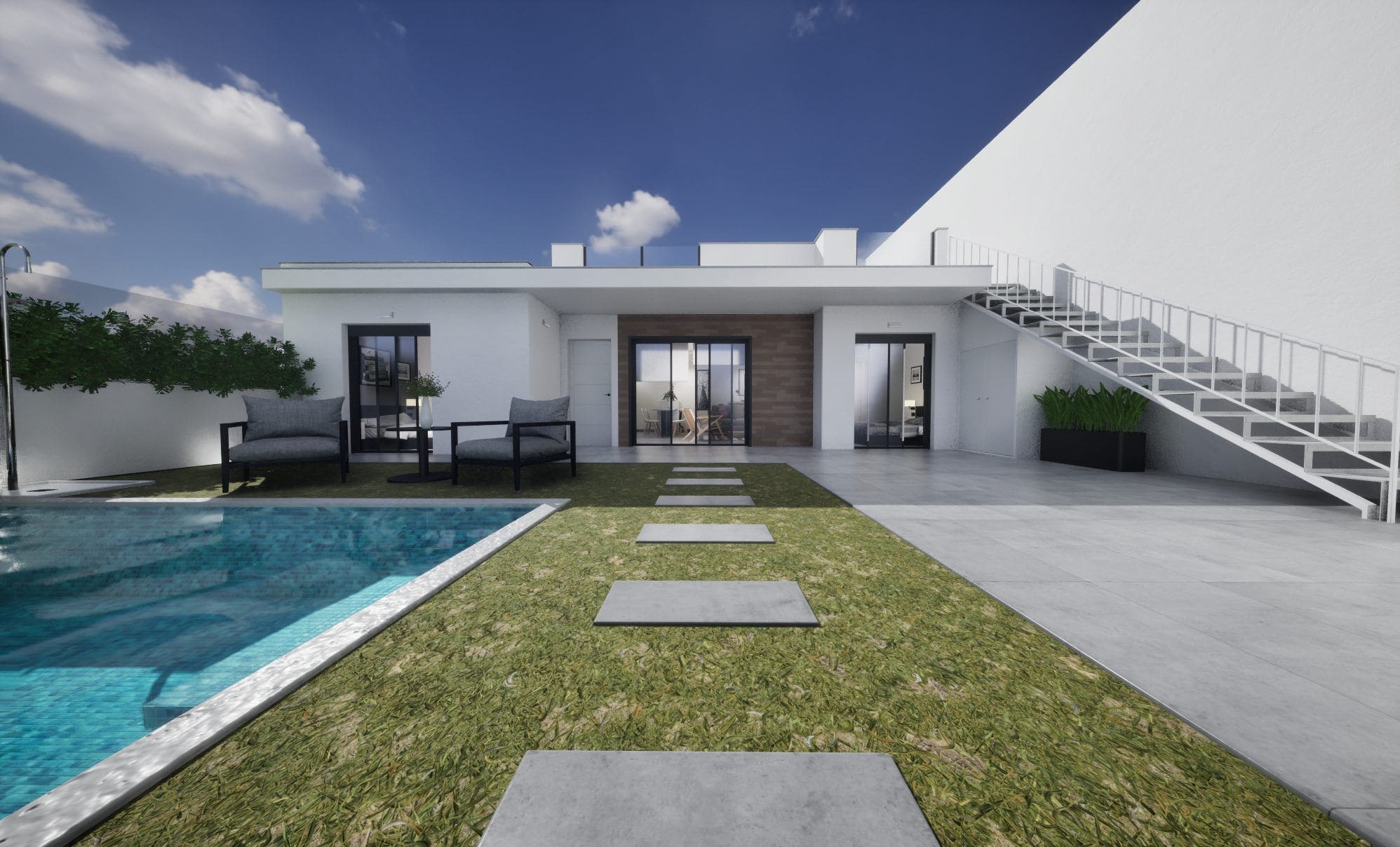 Moderne villa met privézwembad en terras, uitzicht op de tuin.