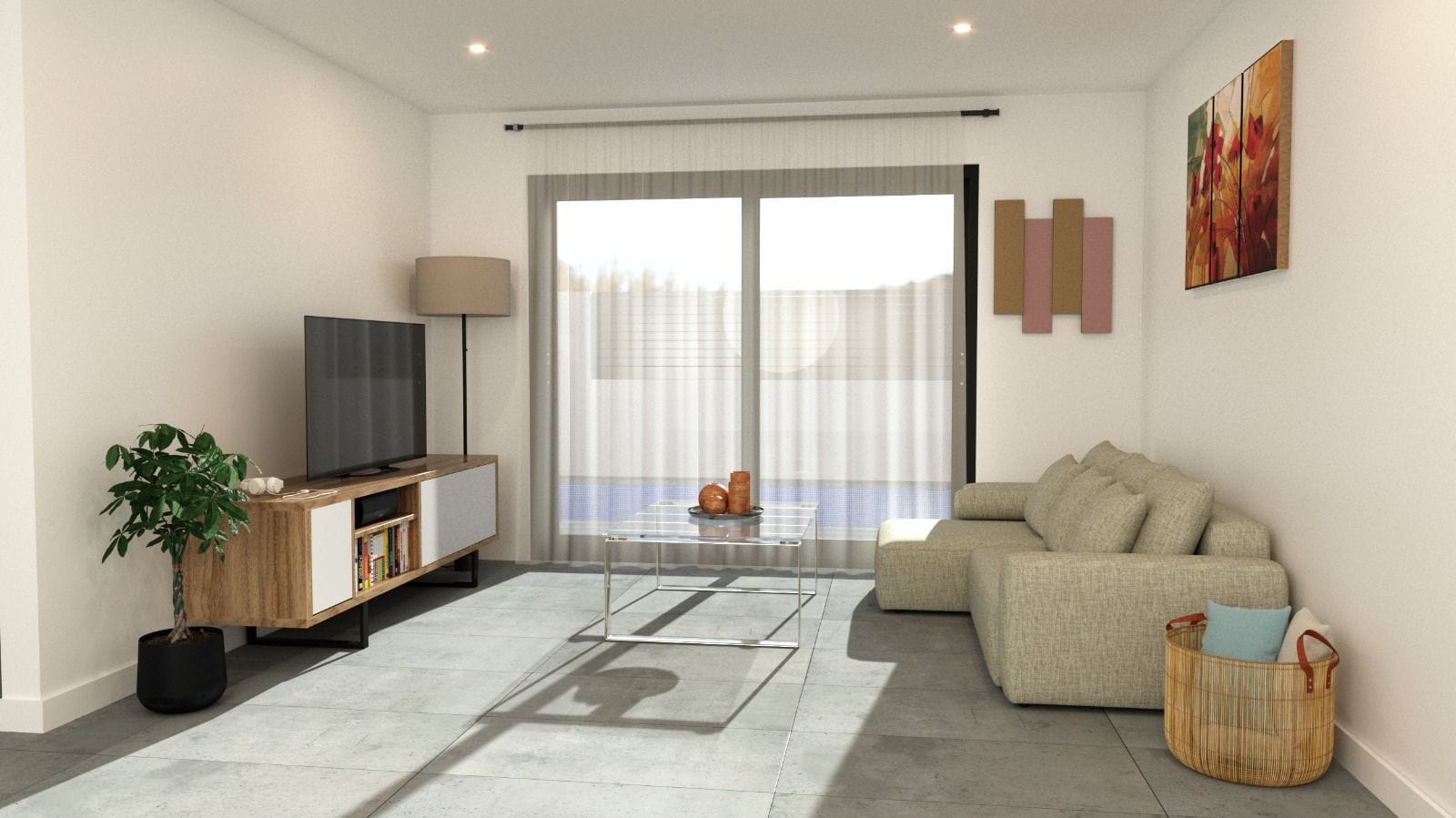 Modern woonkamer met uitzicht op tuin Gezellige woonkamer met grote ramen en uitzicht op tuin in vrijstaande woning Balsicas.