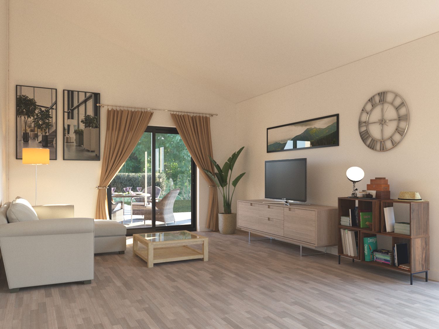 Moderne woonkamer met uitzicht op tuin Ruime woonkamer met grote ramen en toegang tot terras.