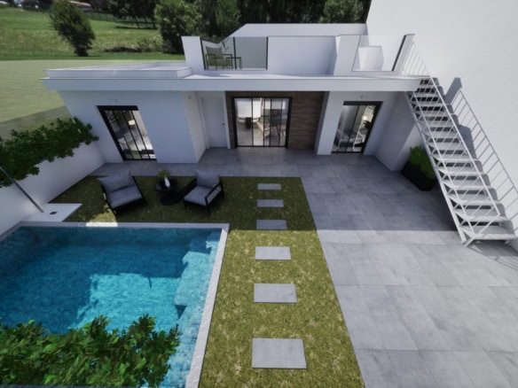 Moderne villa met privézwembad en terras, uitzicht op tuin en groene omgeving.
