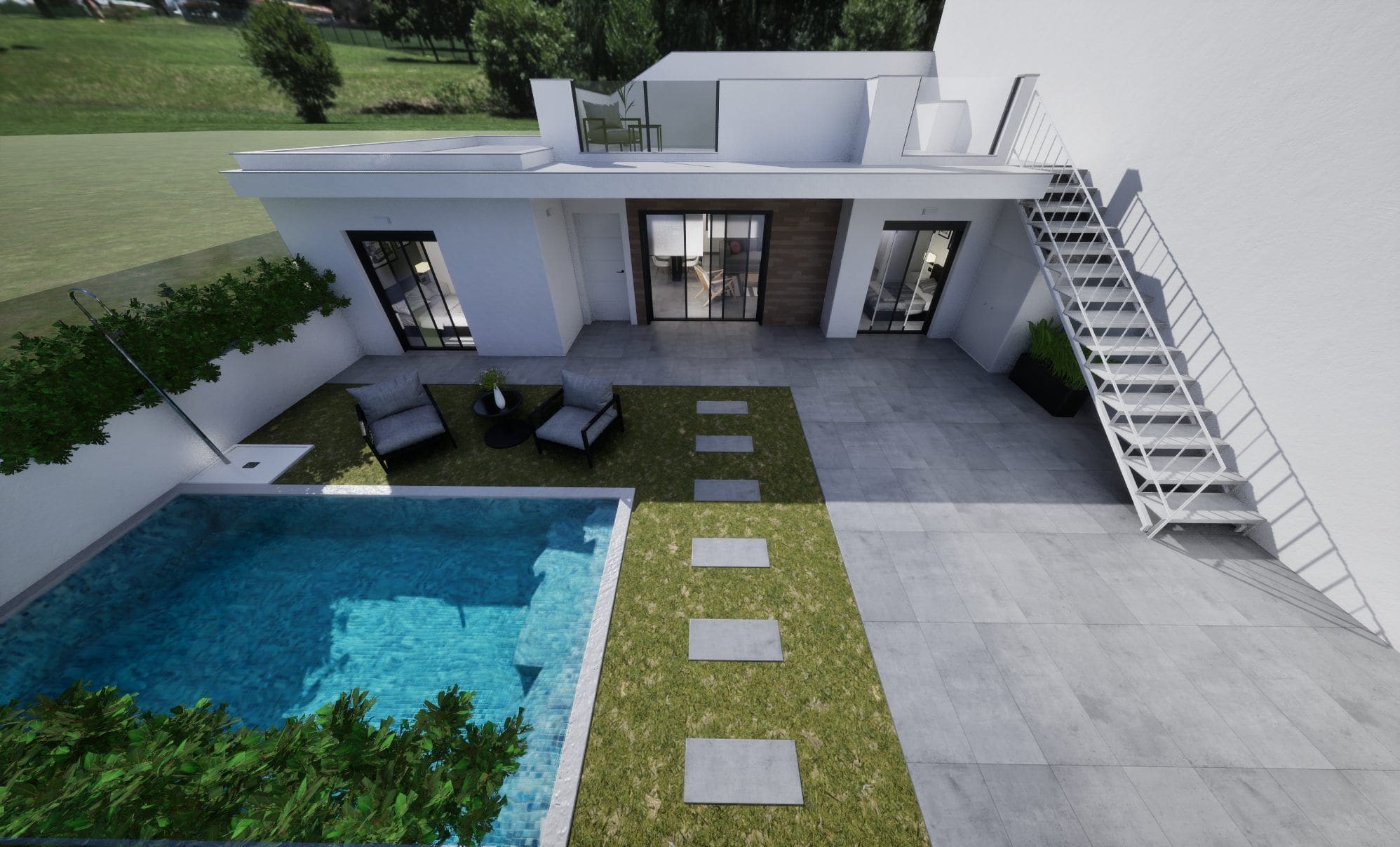 Moderne villa met privézwembad en terras, uitzicht op tuin en groene omgeving.