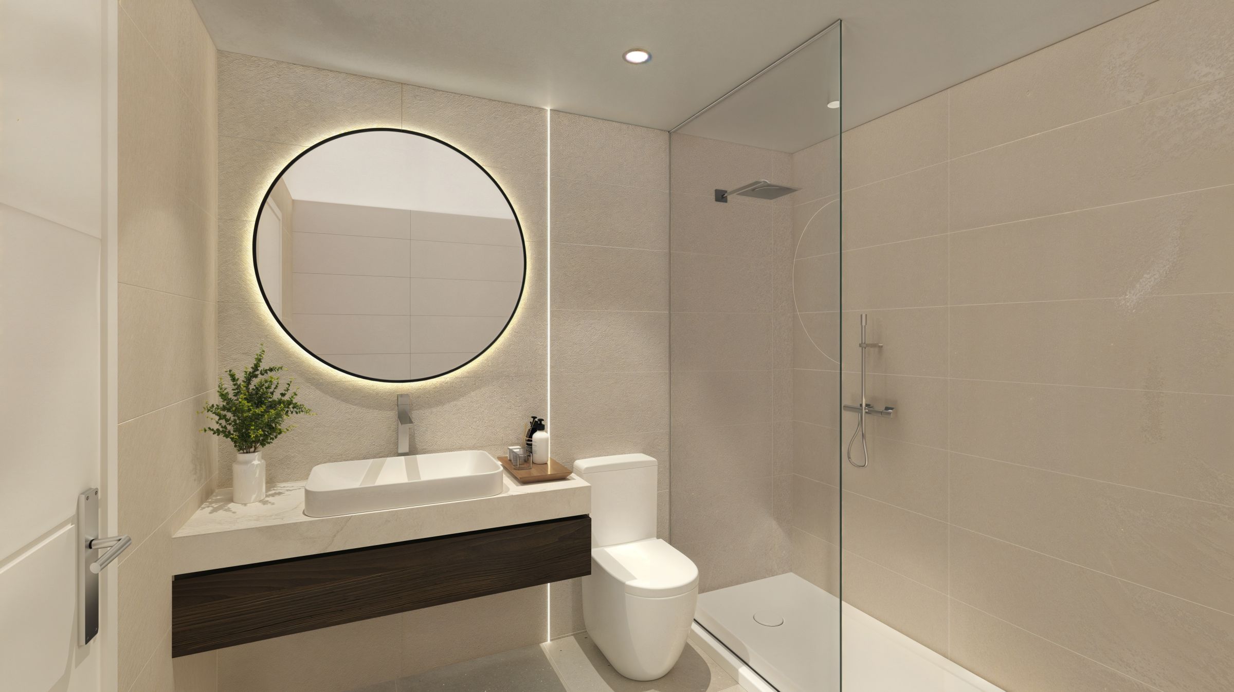 Modern badkamer in bungalowappartement Moderne badkamer met wastafel, spiegel en toilet in bungalowappartement.