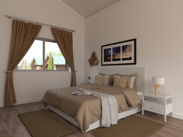 Ruime slaapkamer met beige beddengoed en grote raam met goudkleurige gordijnen.